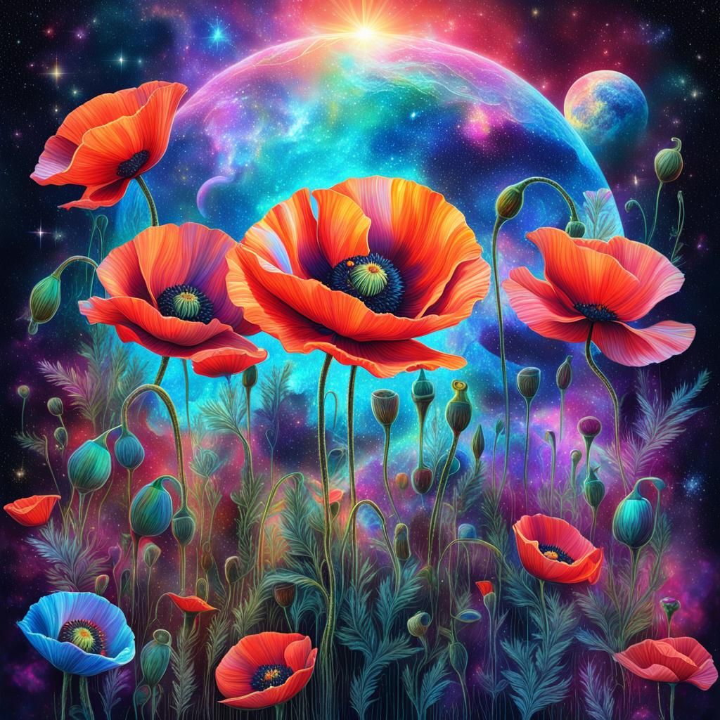 Holographic Astral Cosmic Poppies in Mixed Media