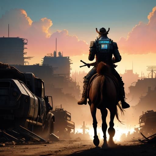 Wasteland Cowboy on Horse in Cyberpunk Landscape