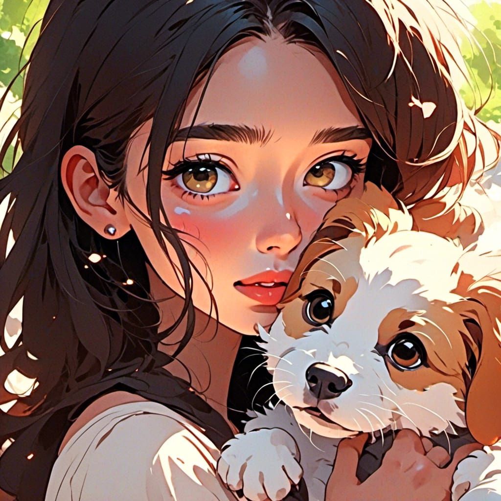 Woman and Puppy in Lush Park, Anime Illustration