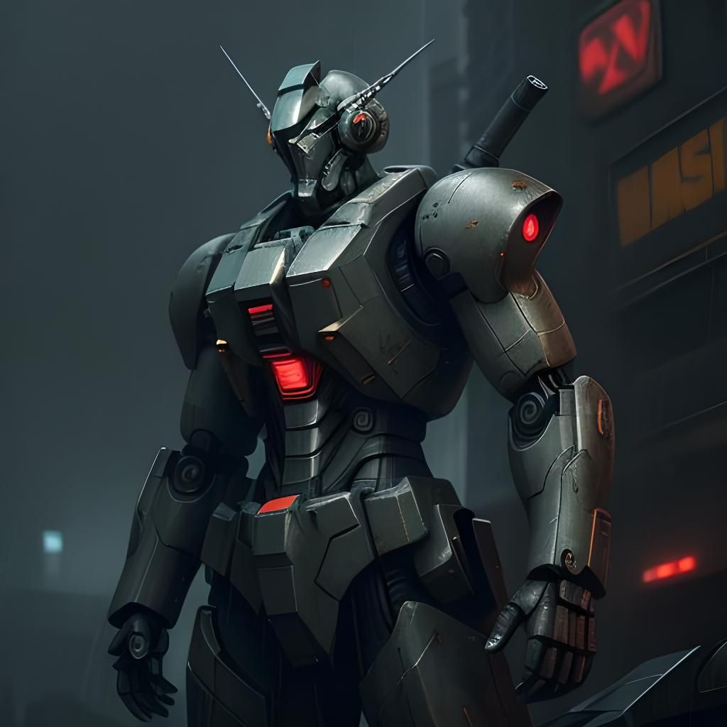 Futuristic Gundam RX-78 in Dystopian Cityscape