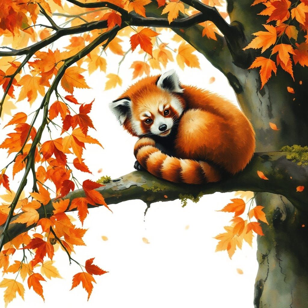 Red Panda on Autumn Branch in Watercolor Style