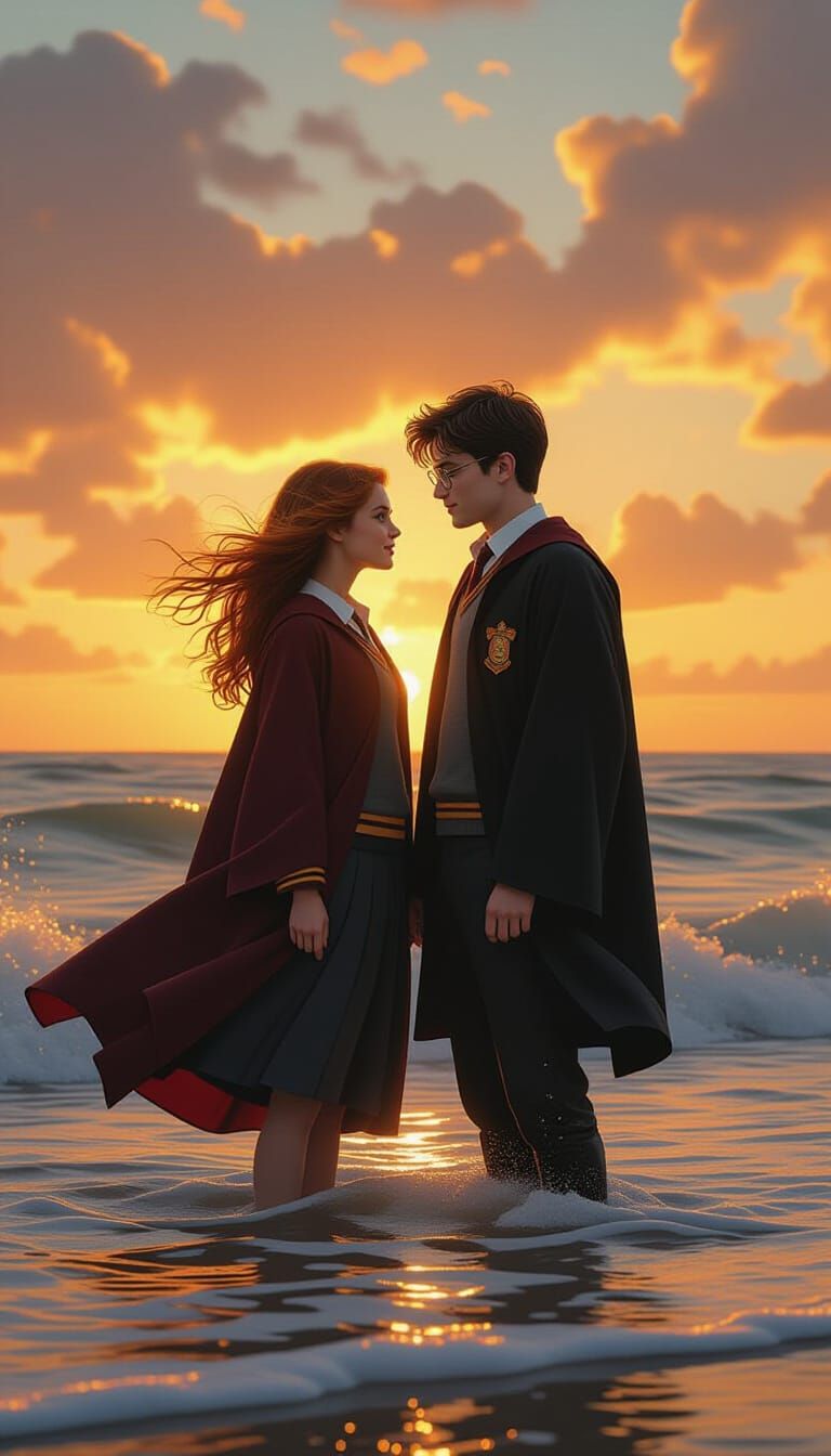 Harry Potter and Ginny at Sunset, Hyperrealistic Style