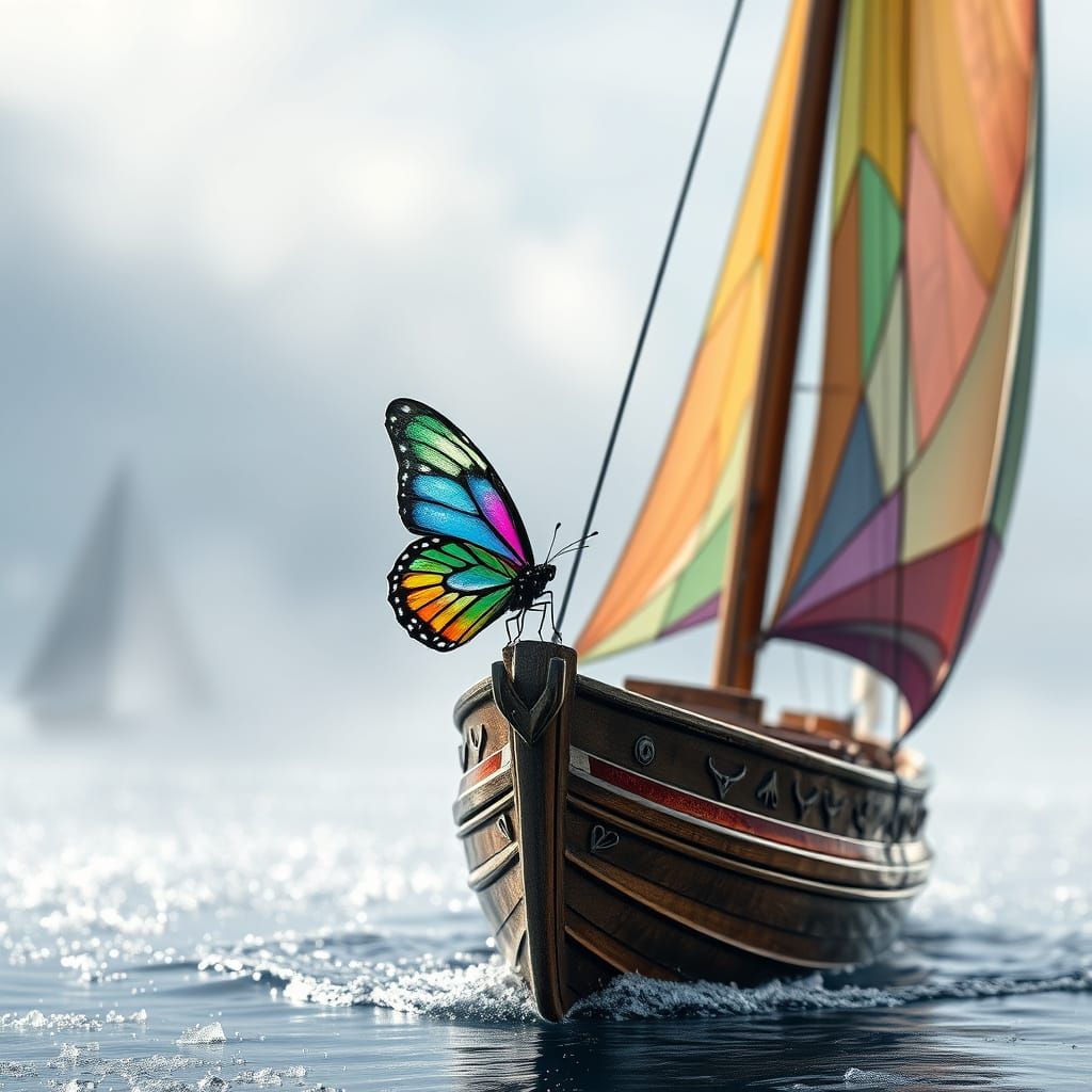 Delicate Butterfly on Ornate Sailboat in Frosty Atmosphere