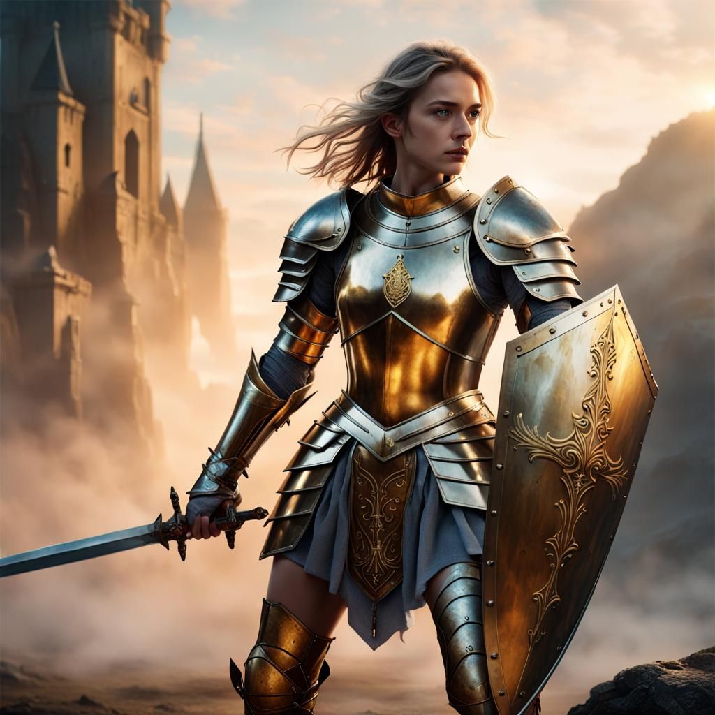 Heroic Knight in Battle-Scarred Landscape, Hyperrealistic Ar...