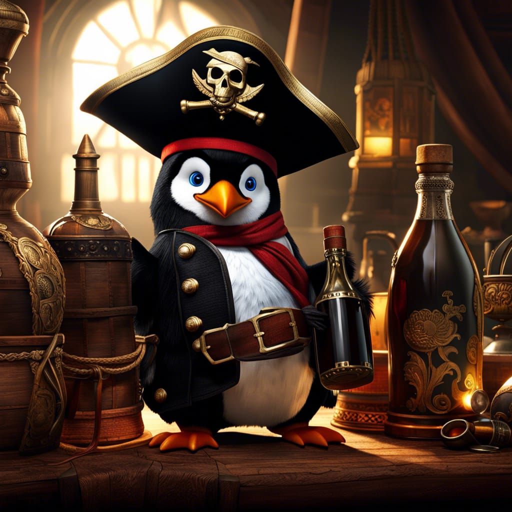 Hyperrealistic Pirate Penguin with Rum and Spyglass