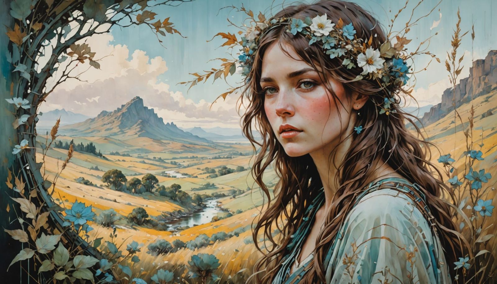 Serene Landscape Oil Painting in Art Nouveau Style