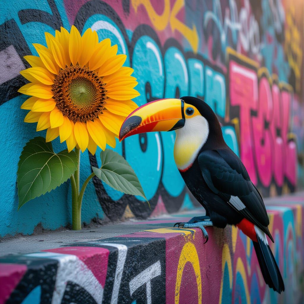 Anthropomorphic Toucan with Sunflower, Street Art Style