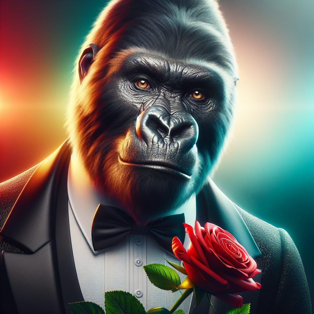 Silverback Gorilla in Tuxedo Holding Red Rose