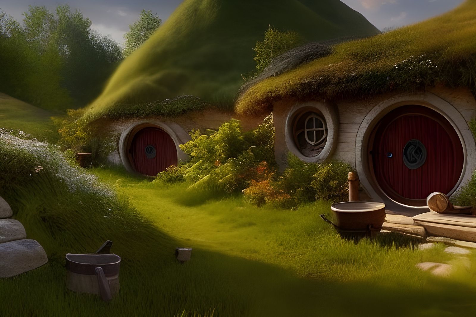 Hobbit Village in Townscaper Style, Detailed Matte Painting