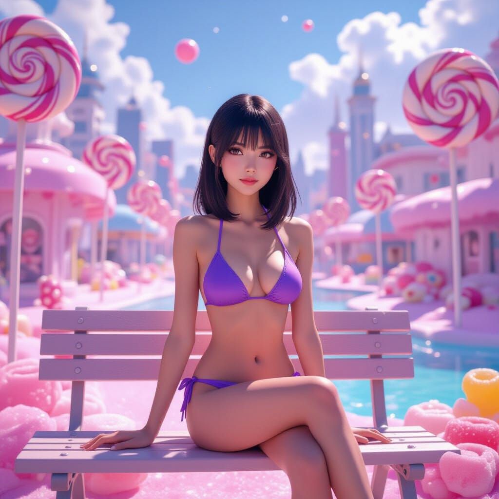 Anime Woman in a Futuristic Candy Cityscape