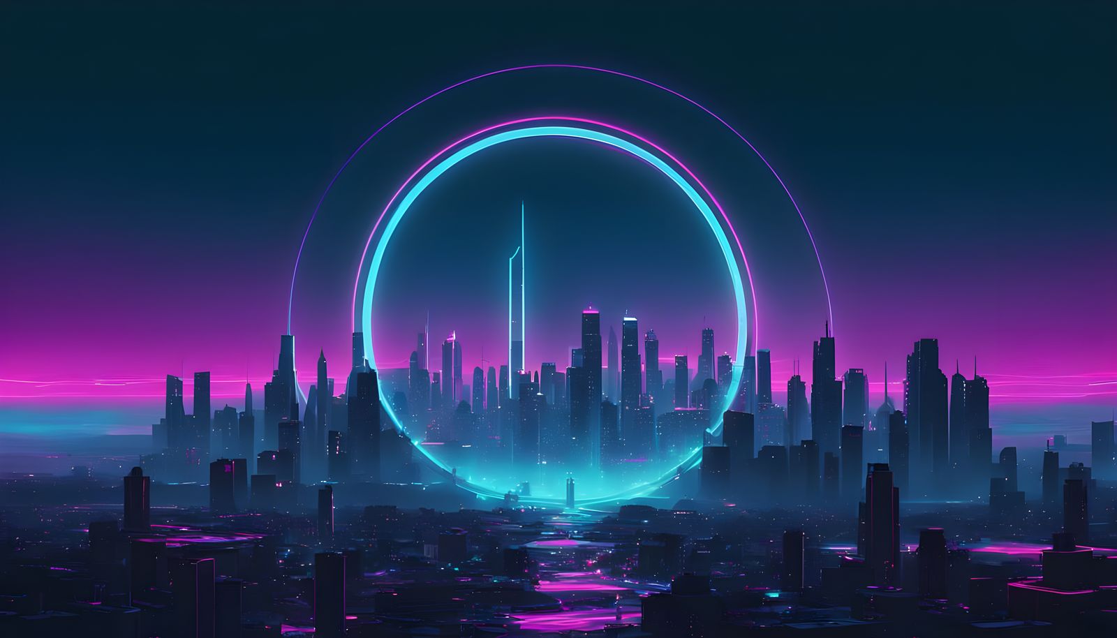 Neon Duality Portal in Cyberpunk Cityscape