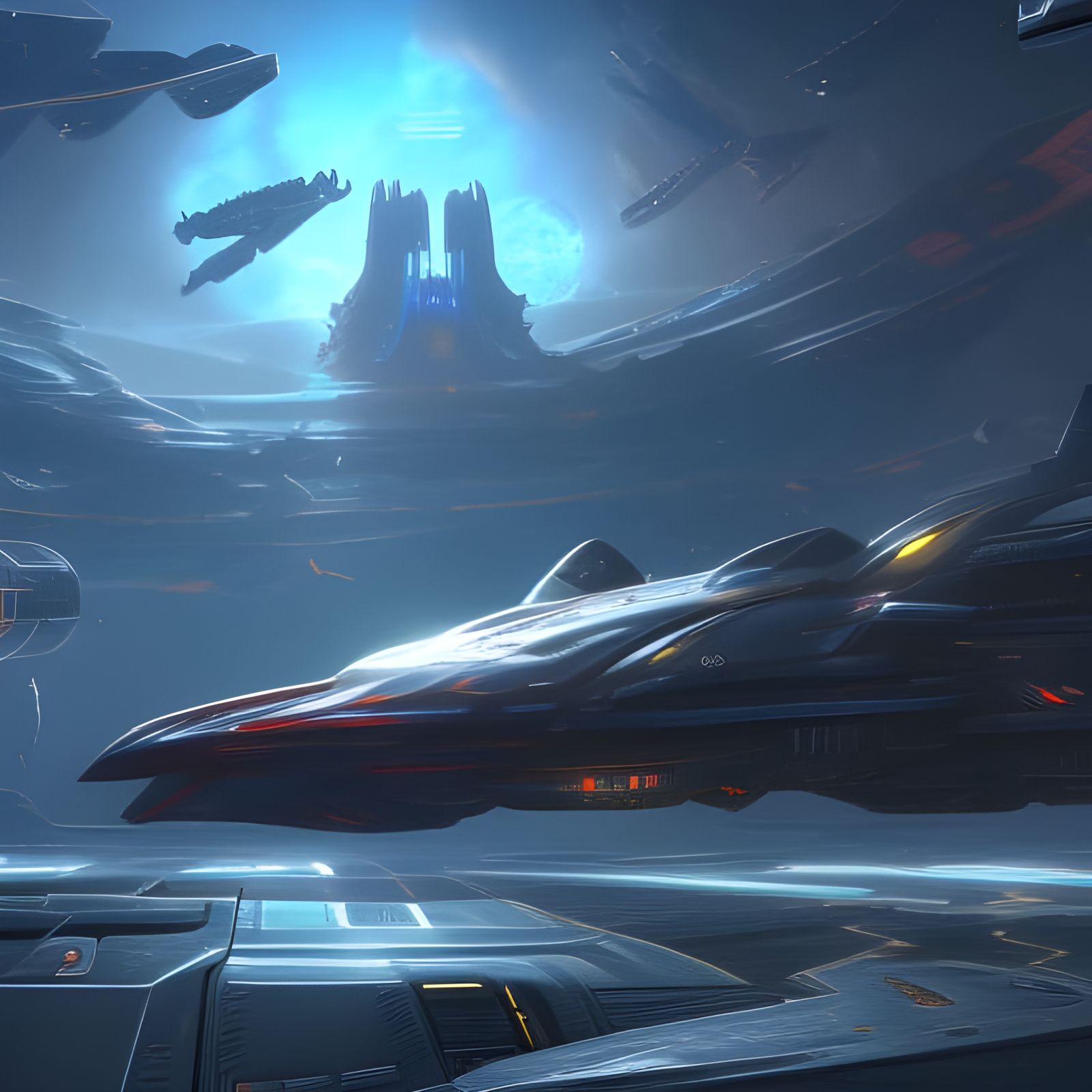 Fantastical Spaceport with Spaceships in Space