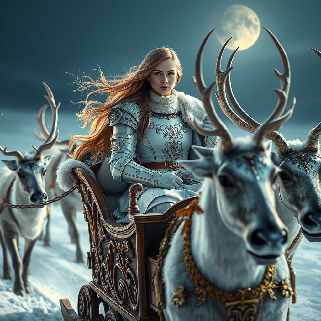 Medieval Warrior Rides in Sled Pulled by Reindeer Under Half...