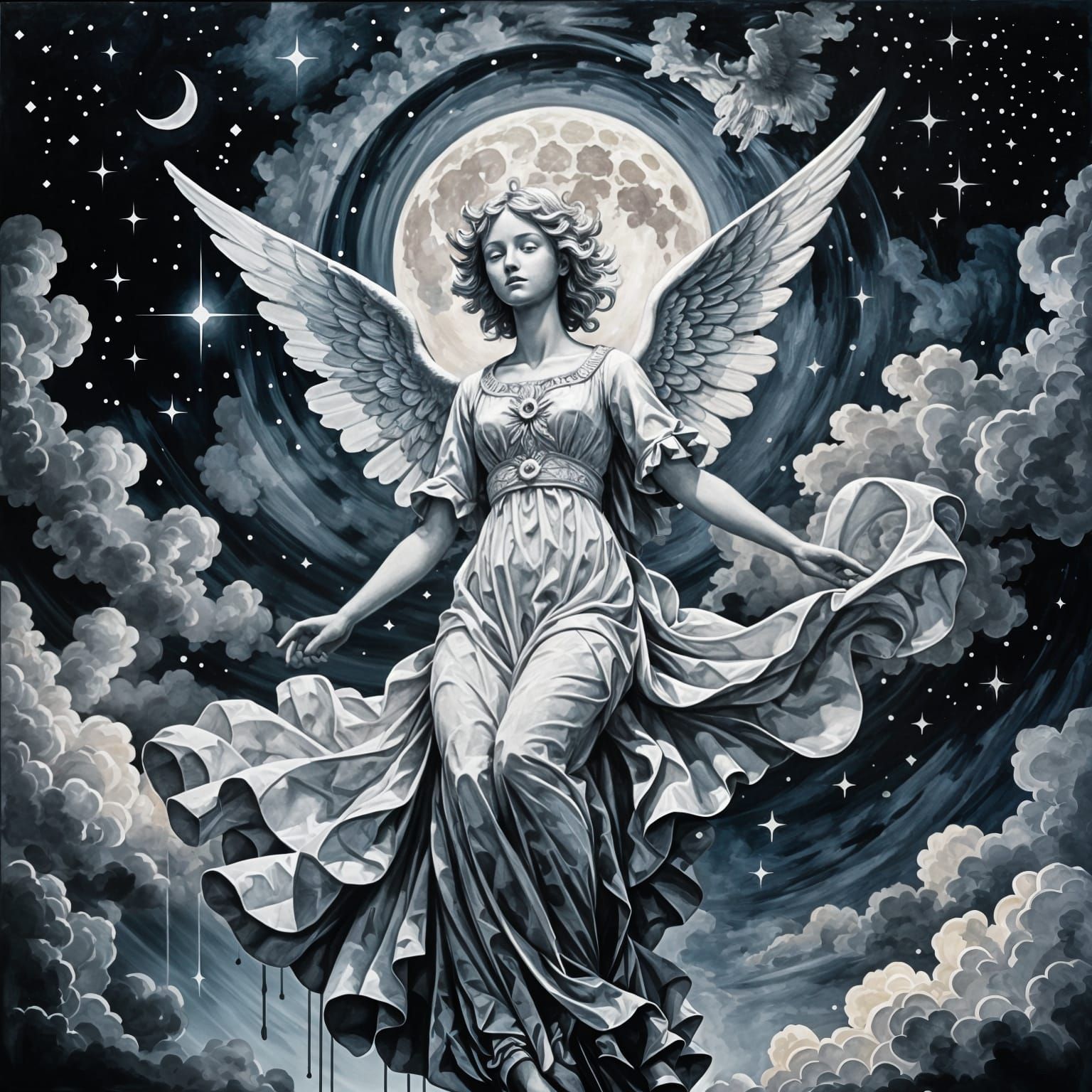 Porcelain Angel Moon Silhouette: Ethereal Splash Art