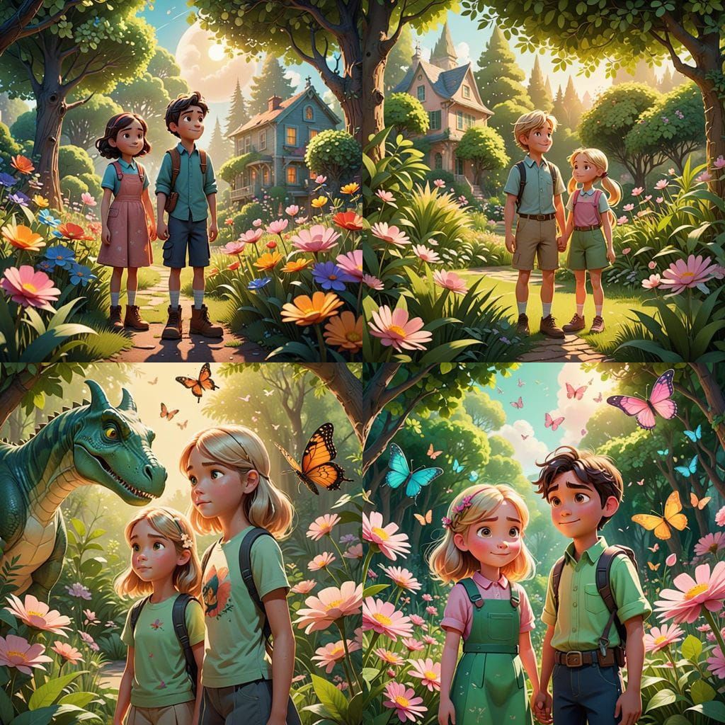 Children in a Blooming Garden Scene, Watercolor Illustration...