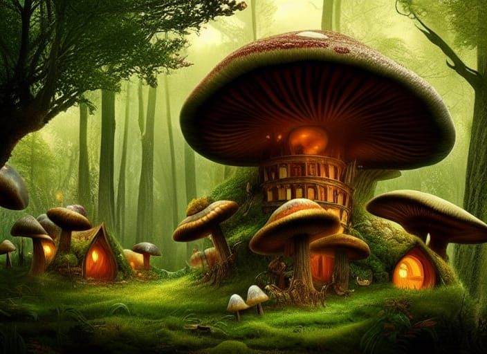 Enchanted Mushroom Village in the Woods