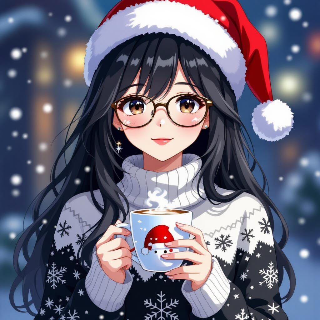 Anime Woman with Snowflake Dress and Glasses