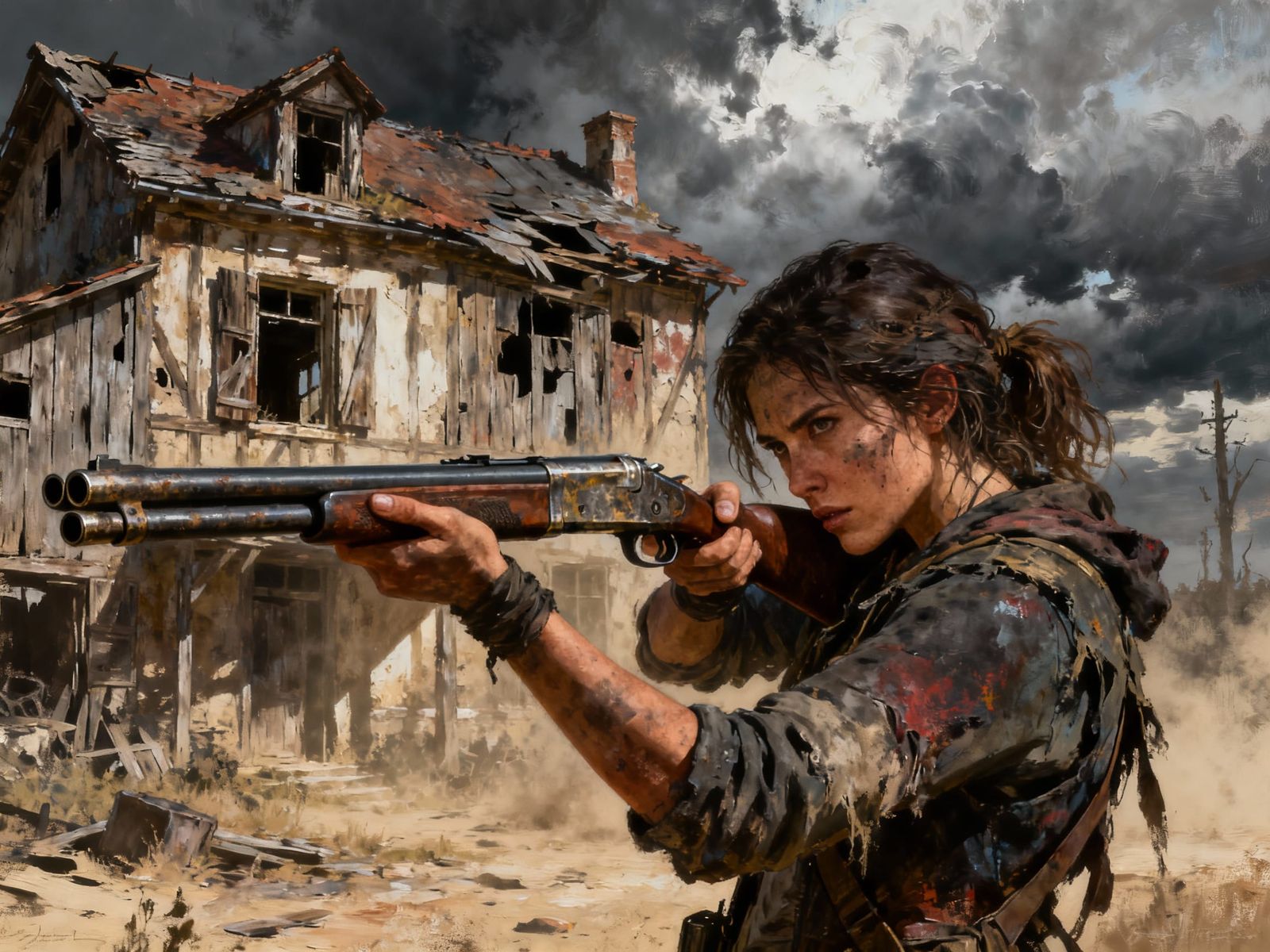 Post-Apocalyptic Survivor Aims Shotgun at Dilapidated Farmho...