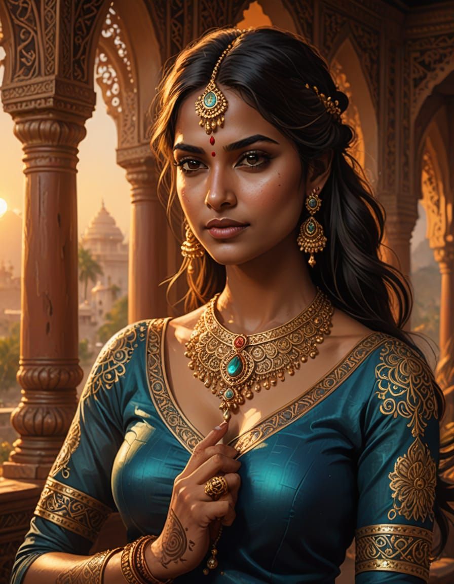 Indian Woman in Vibrant Digital Painting with Henna and Gold