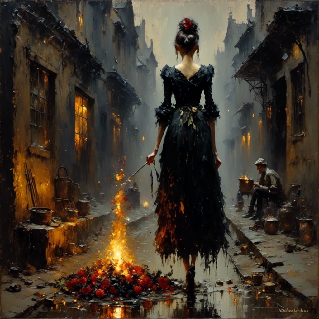 Bonfire Reflections in Alley of the Poor: Impasto Surrealism