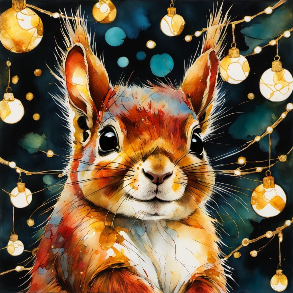 Vibrant Red Squirrel in Enchanted Forest with Golden Accents