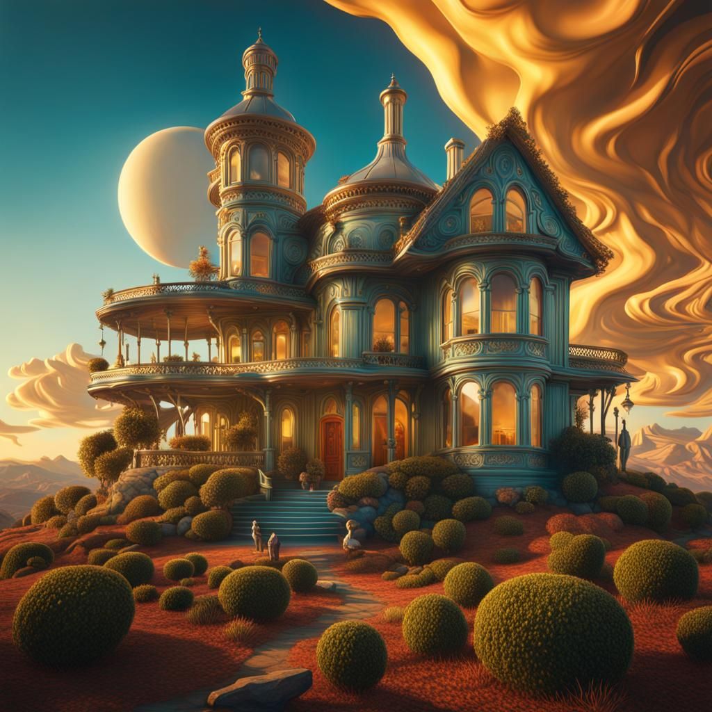 Surreal Family Home in Hypermaximalist Oil Painting