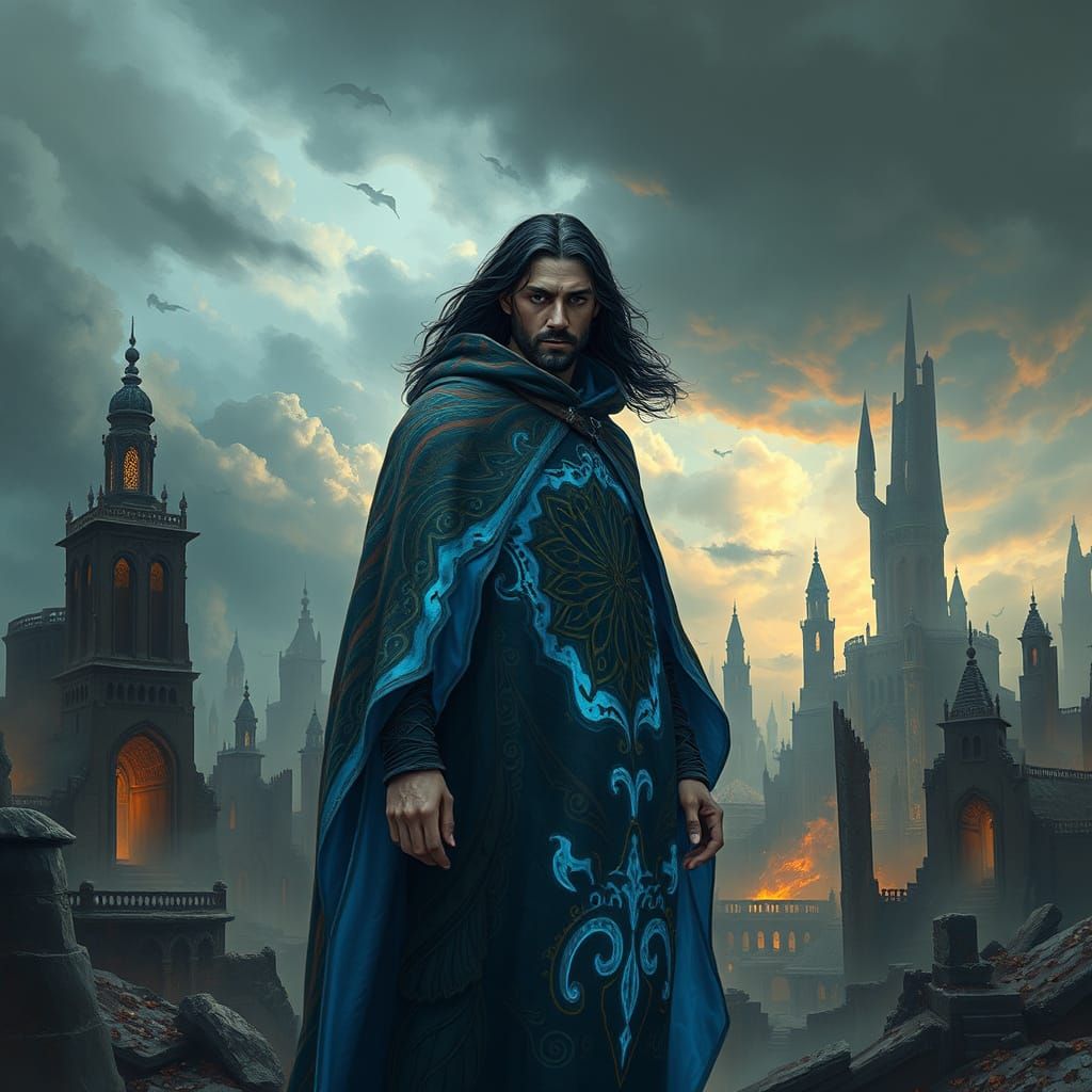 Mystical Man in Ruined City, Dramatic Fantasy Art