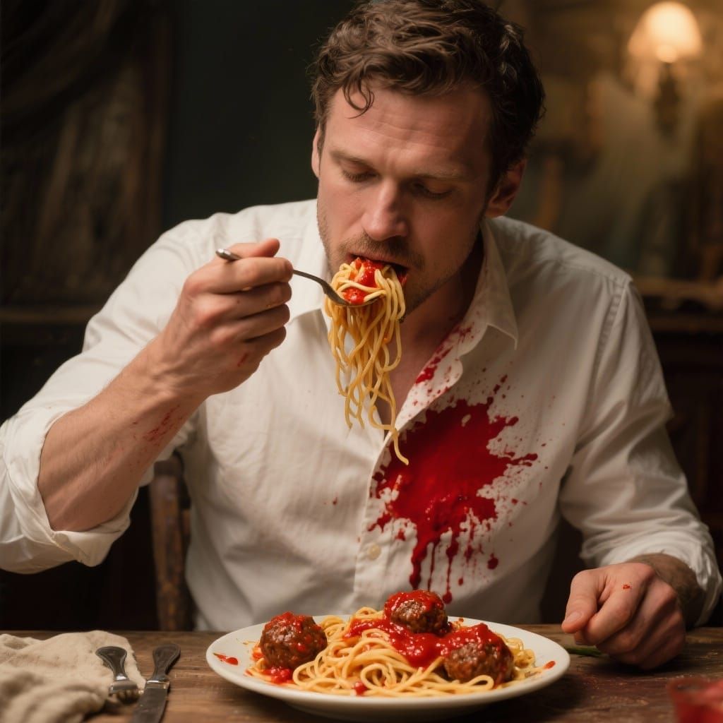 Man Stains Shirt Eating Spaghetti