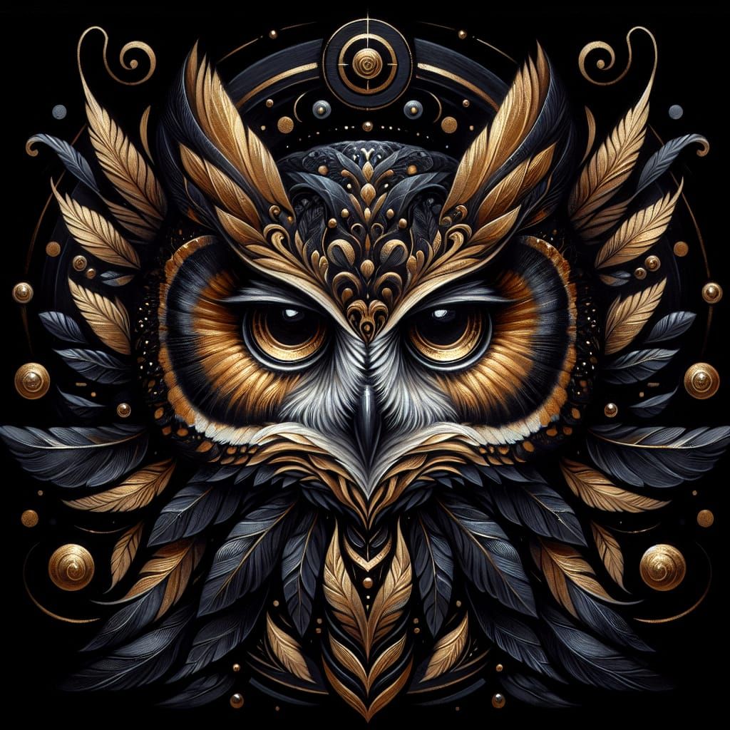 Sophisticated Owl Portrait in Black Gold Acrylic