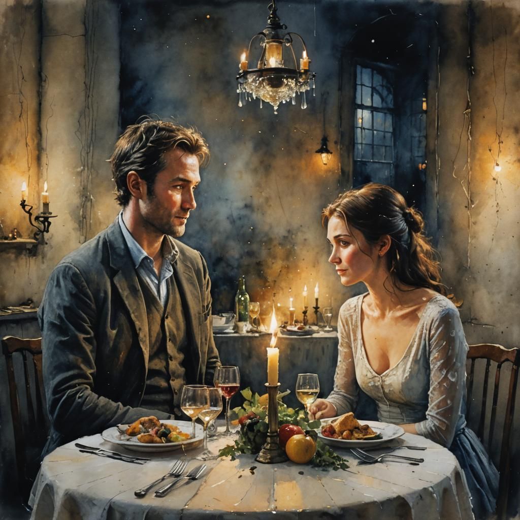 Romantic Candlelit Dinner Scene in Edmondson Style