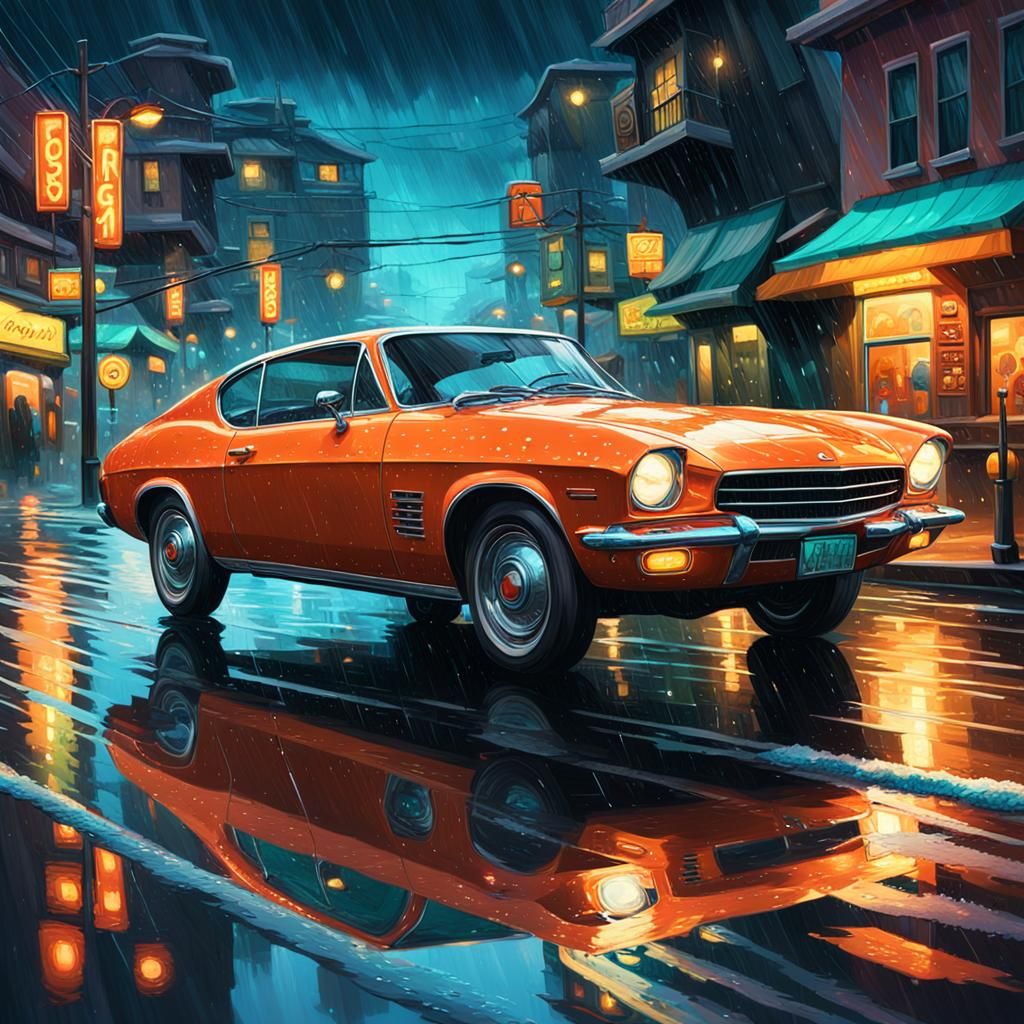 Car on Winding Road in Rain, Hyper-Realistic Concept Art