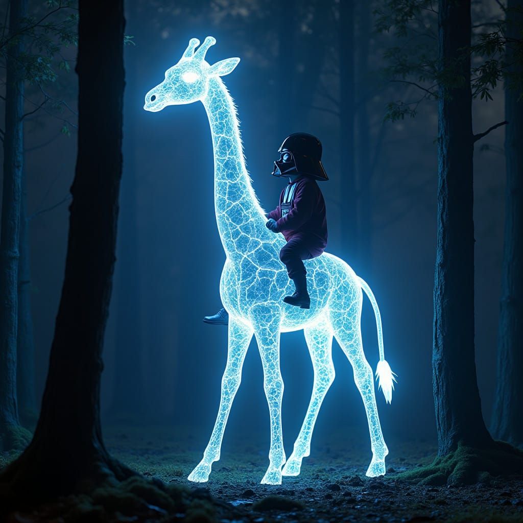 Luminous Giraffe Rides Through Dark Forest in Neon Wonderlan...
