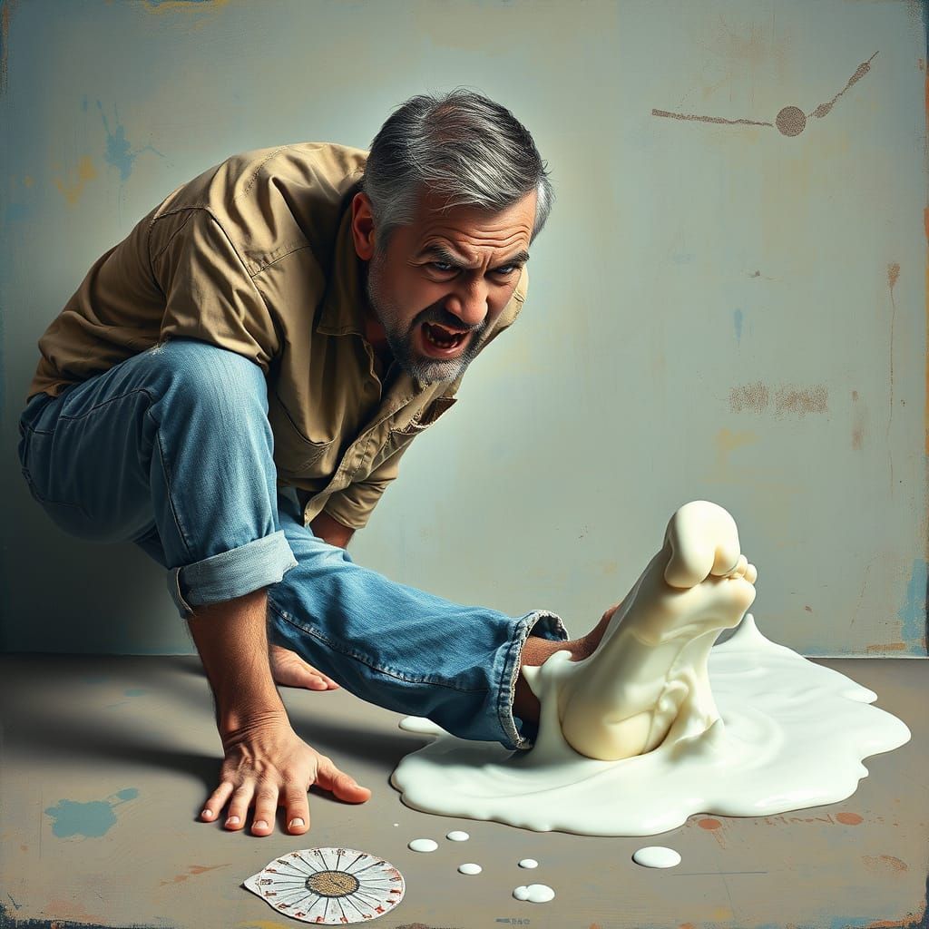 Frustrated Man Stuck to Floor with Glue