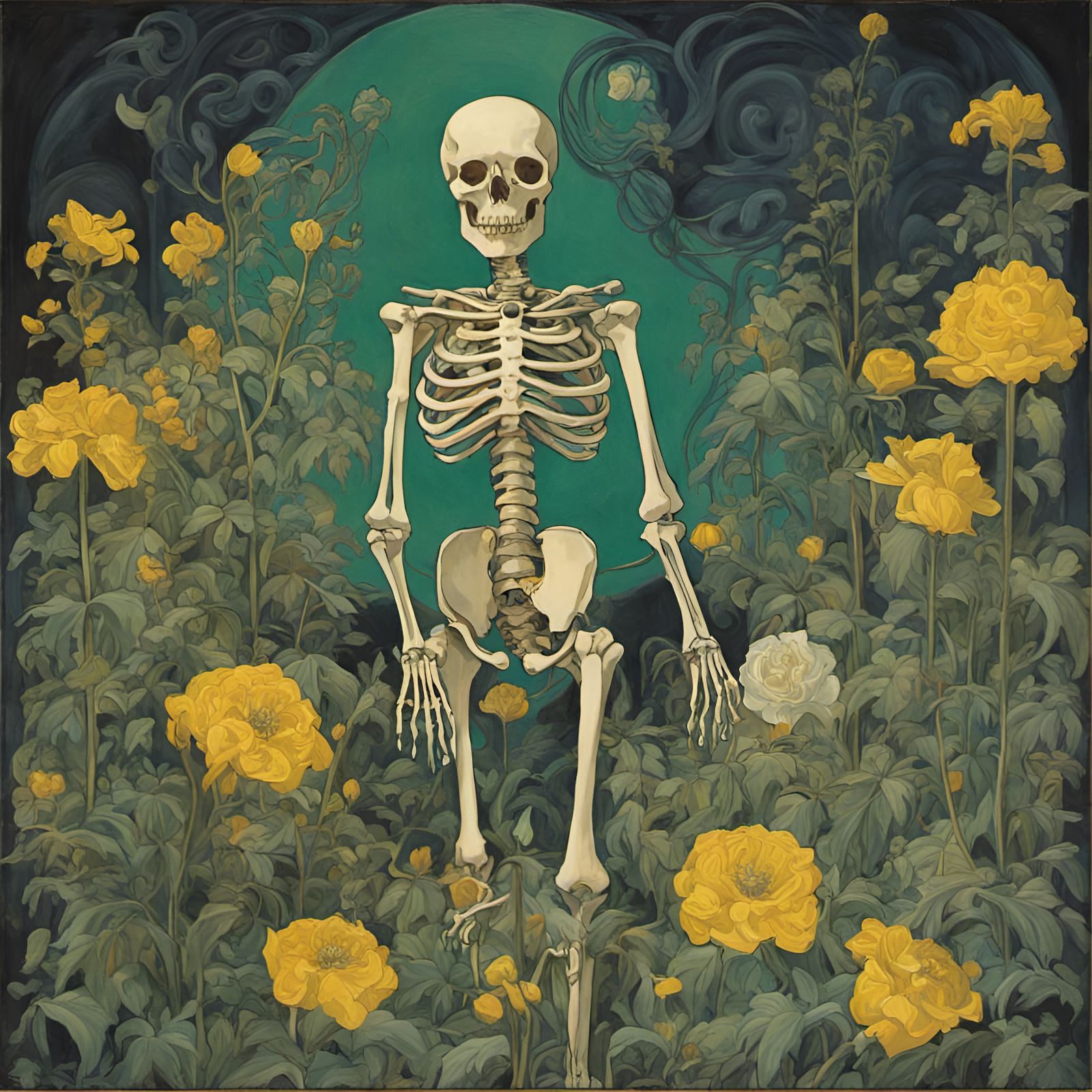 Skeleton in Flowers: Gothic Art Nouveau Illustration