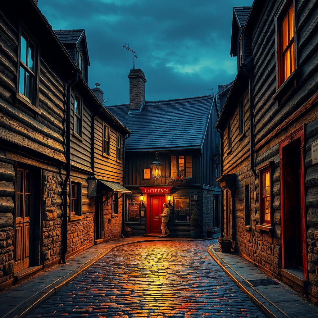 Scottish Alley Tavern at Night in Pop Art Style