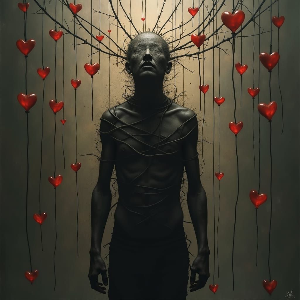 Distressed Shadow Figure Bound by Heart Ropes