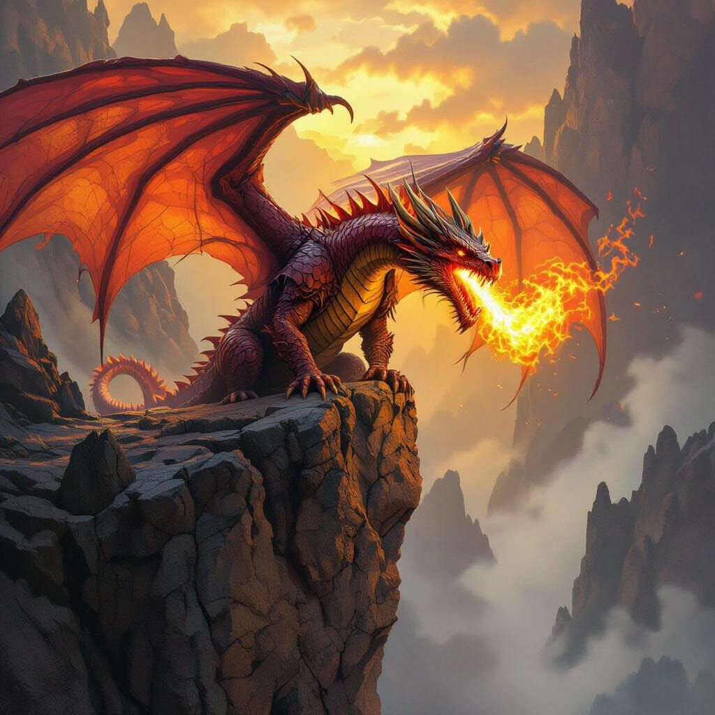 Red Dragon Hovering Over Rocky Cliff in Dark Fantasy Style