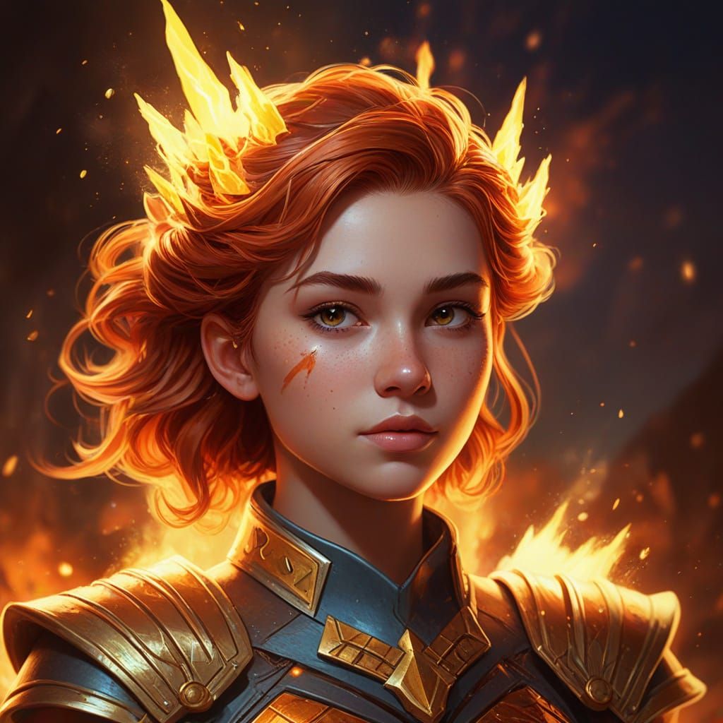 Fantasy Monster Girl with Meteor Flame Hair and Arrowhead Ac...