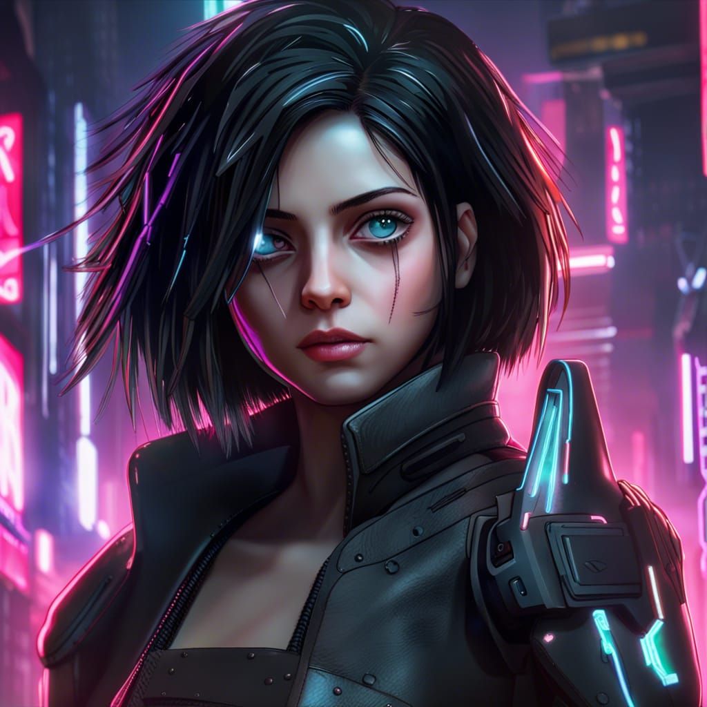 Android Battle Angel in Cyberpunk Neon Cityscape