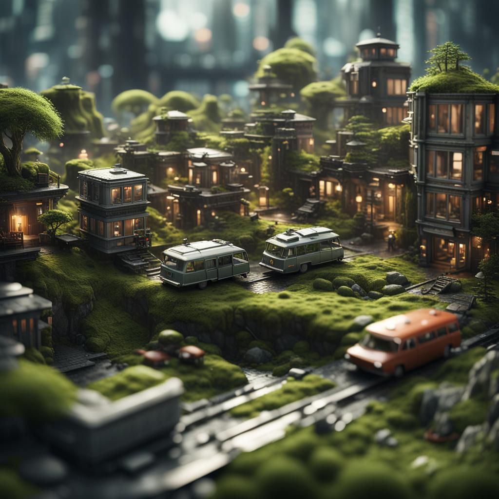 A cityscape terrarium showcasing miniature buildings, landmarks, bonsai trees, and moss-covered pathways, for a urban-in...