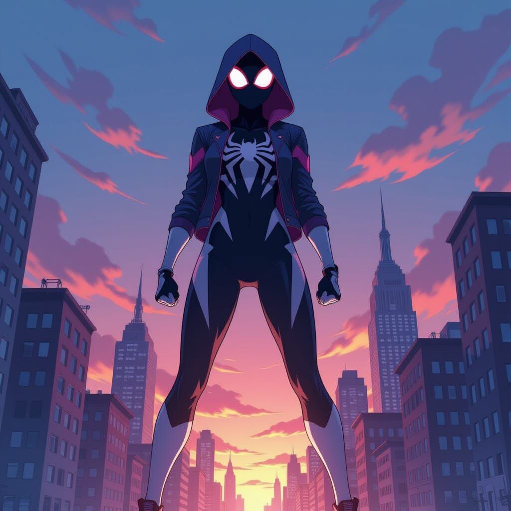 Giant Spider Gwen Towers Over Cityscape in Anime Style