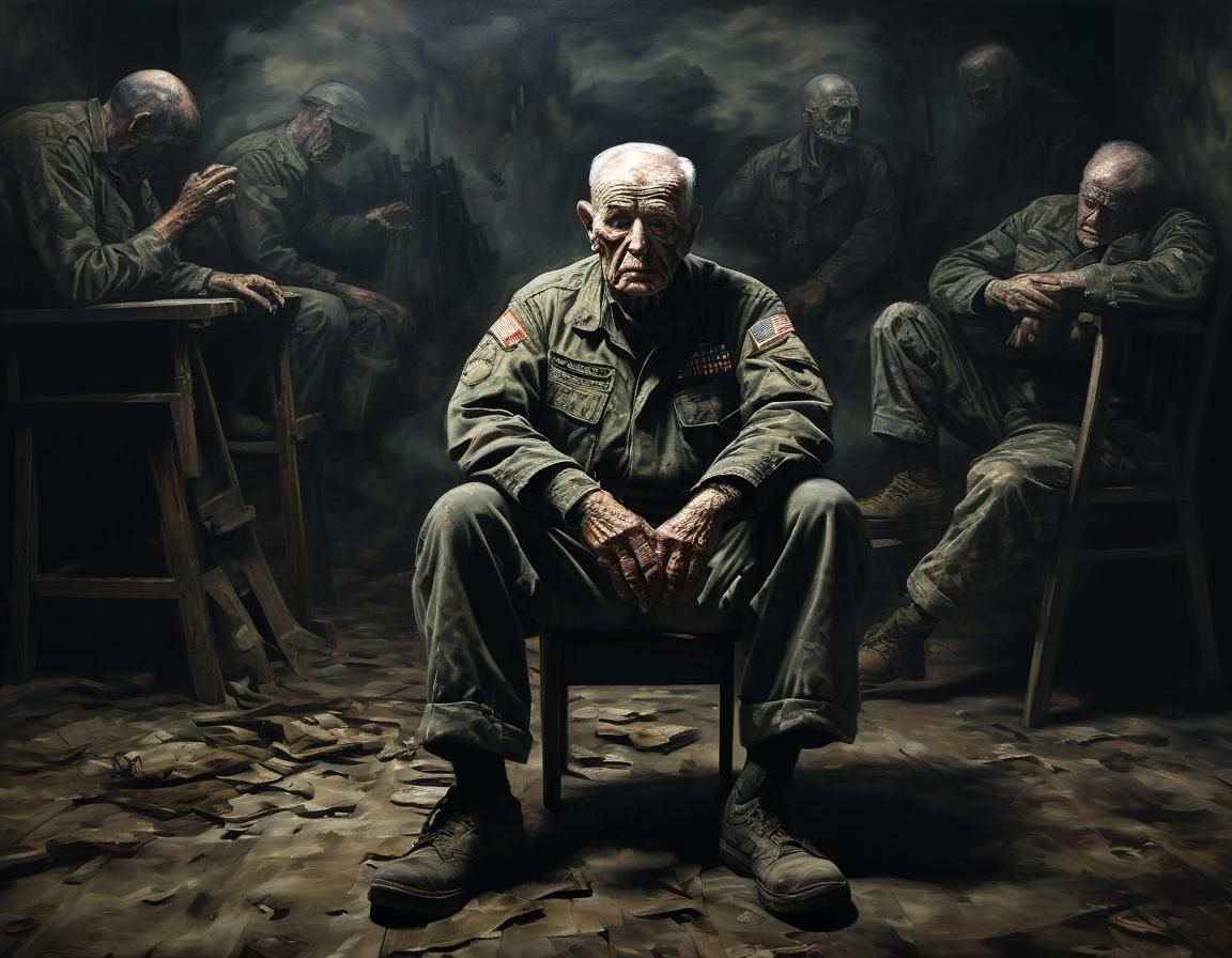 Haunted Veteran in Dark Room: Oil Painting