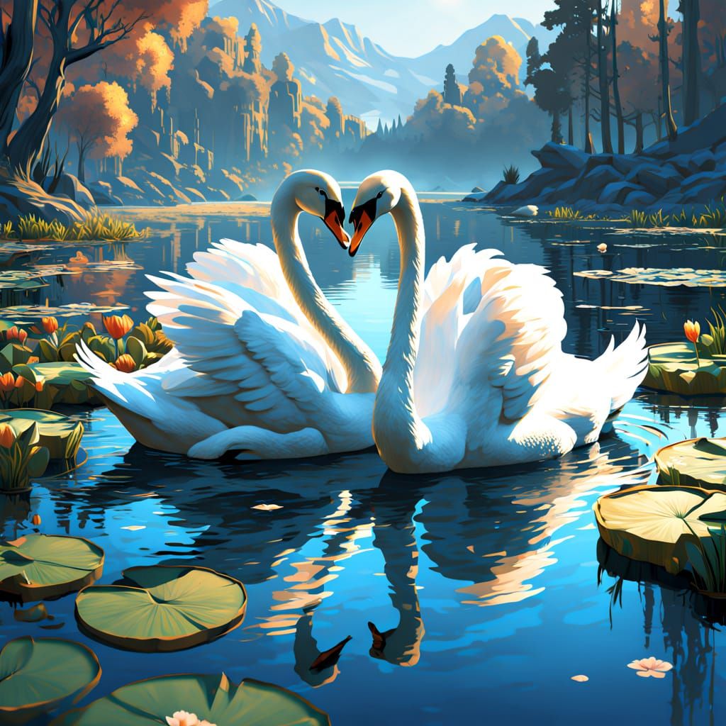 Majestic Swans Forming Heart Shape on Serene Lake