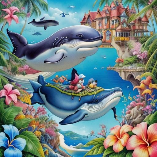 Whimsical Whales on a Tropical Beach Illustration