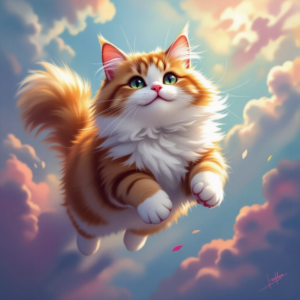 Fluffy Cat Soaring Through Air in Watercolor Style