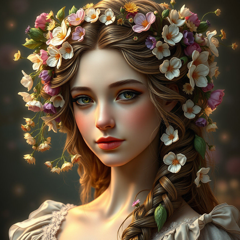 Regal Flower Girl Portrait in Art Nouveau Style