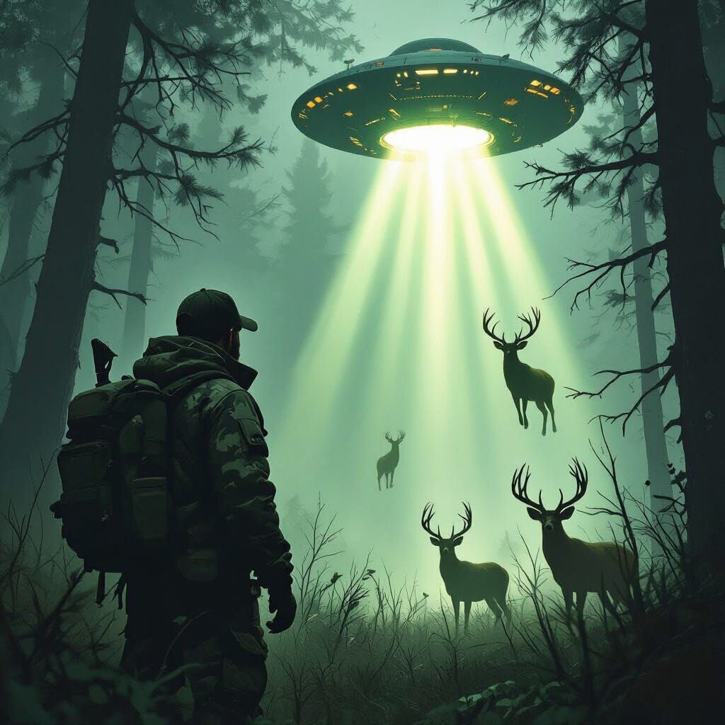 Defeated Hunter Watches Aliens Abduct Deer in Forest