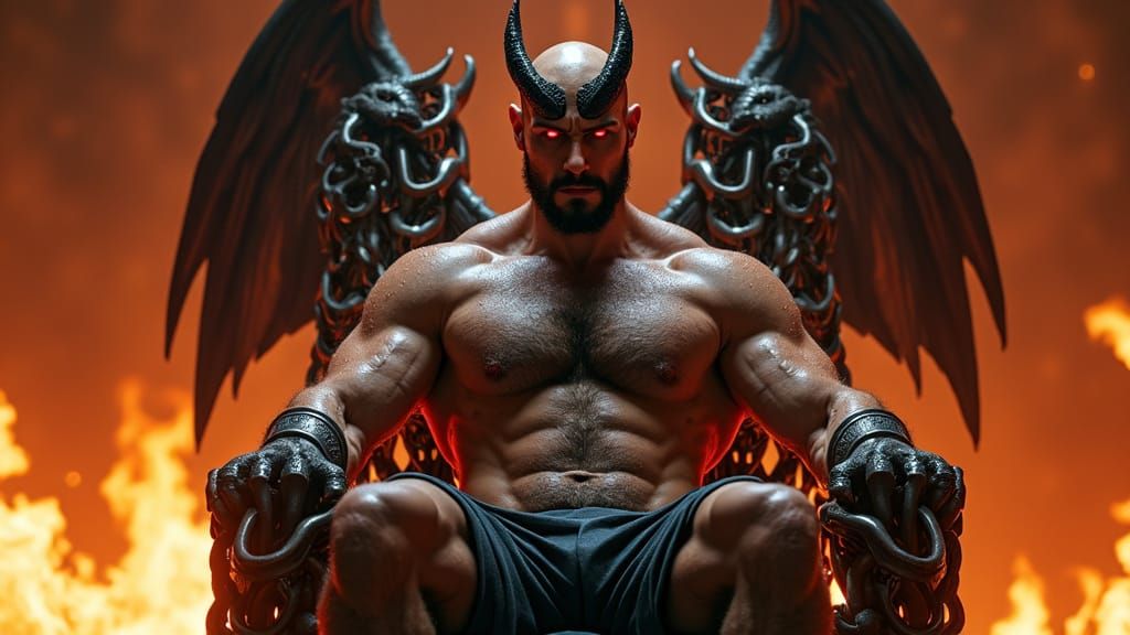 Athletic Man Reigns Over Hellish Throne in Cyberpunk Style