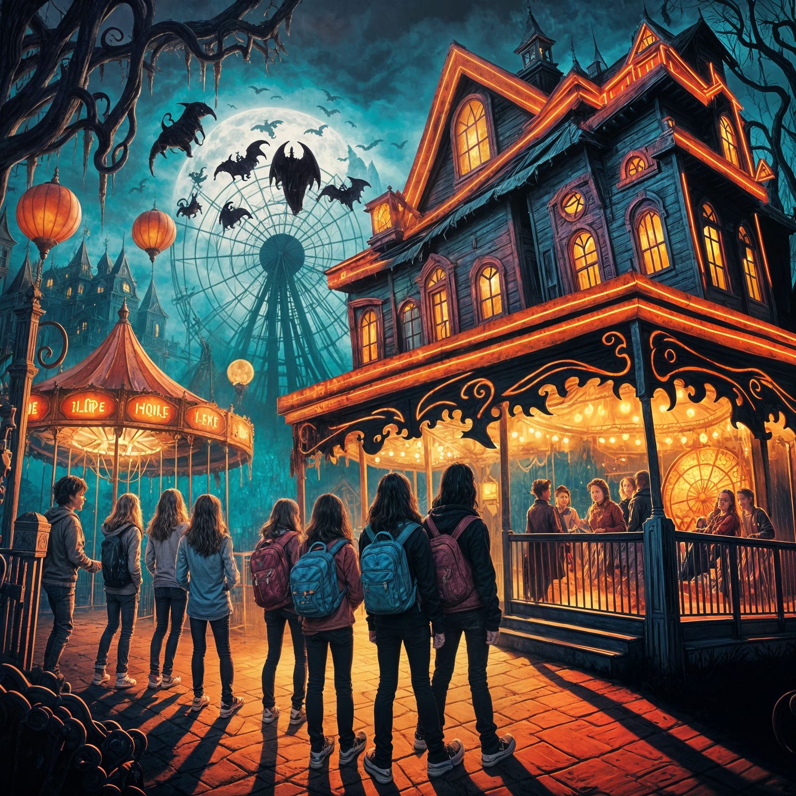 Scary Haunted House at Amusement Park in Airbrush Style