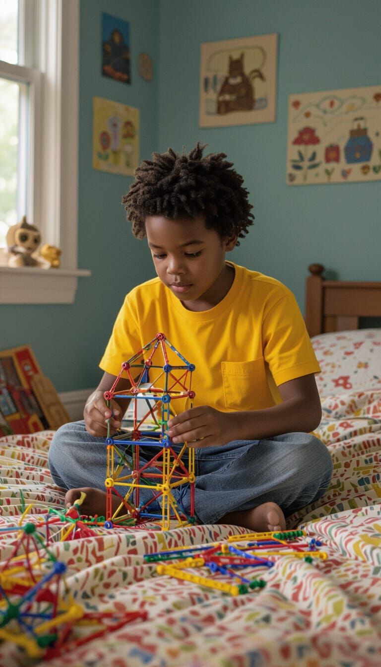 Boy's Tinker Toy Creation: Whimsical Children's Illustration